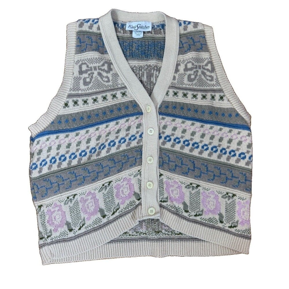 Vintage Y2K  Cottage Core  Sweater Vest Floral Knit Stitches Cotton Made in USA